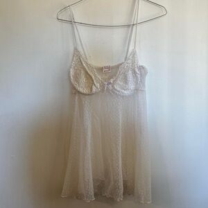 Elegant vintage sheer white polka dot Babydoll Lingerie slipdress w/ bow detail